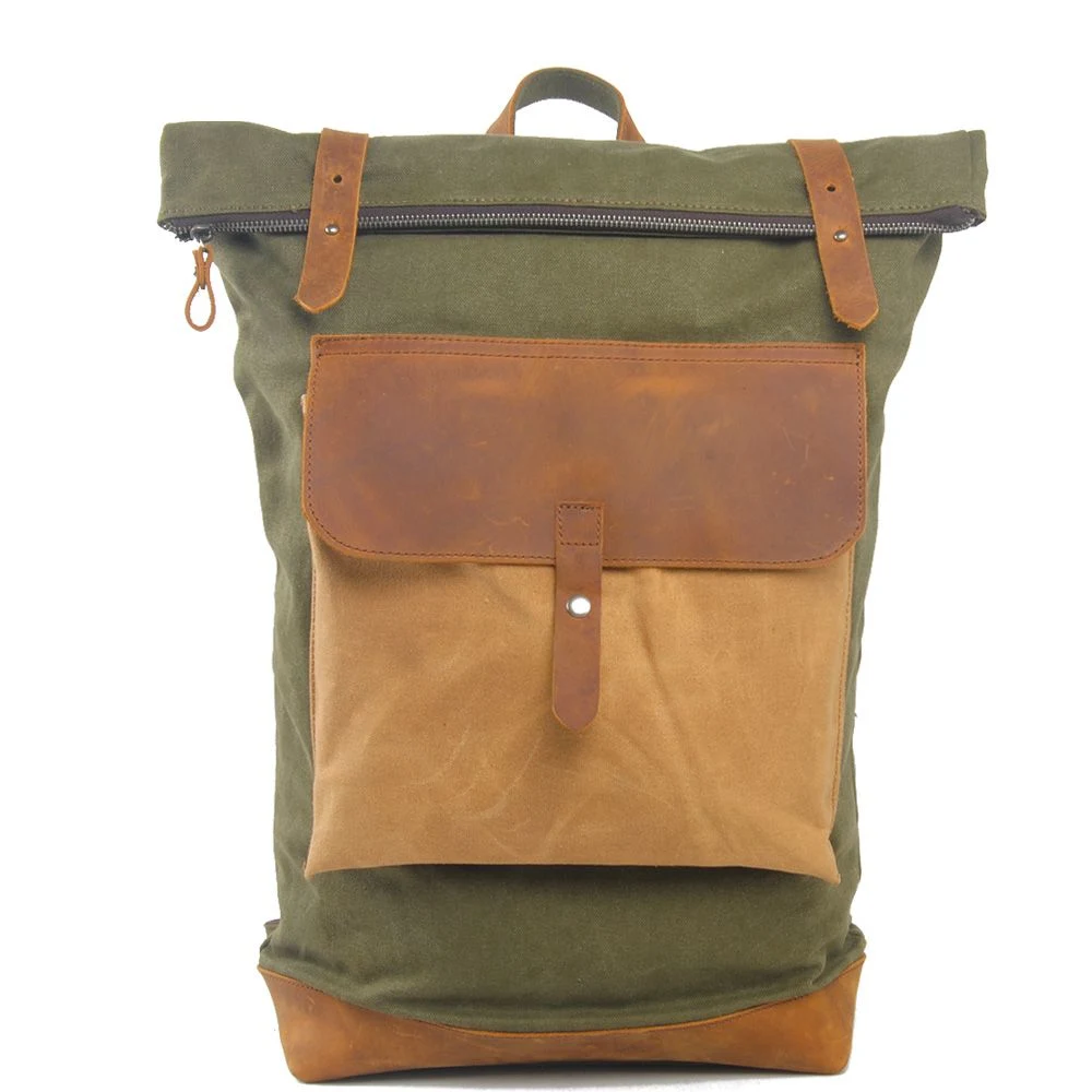 Contrast Color Attached Pocket Canvas Camping Backpack Bag (RS-104)
