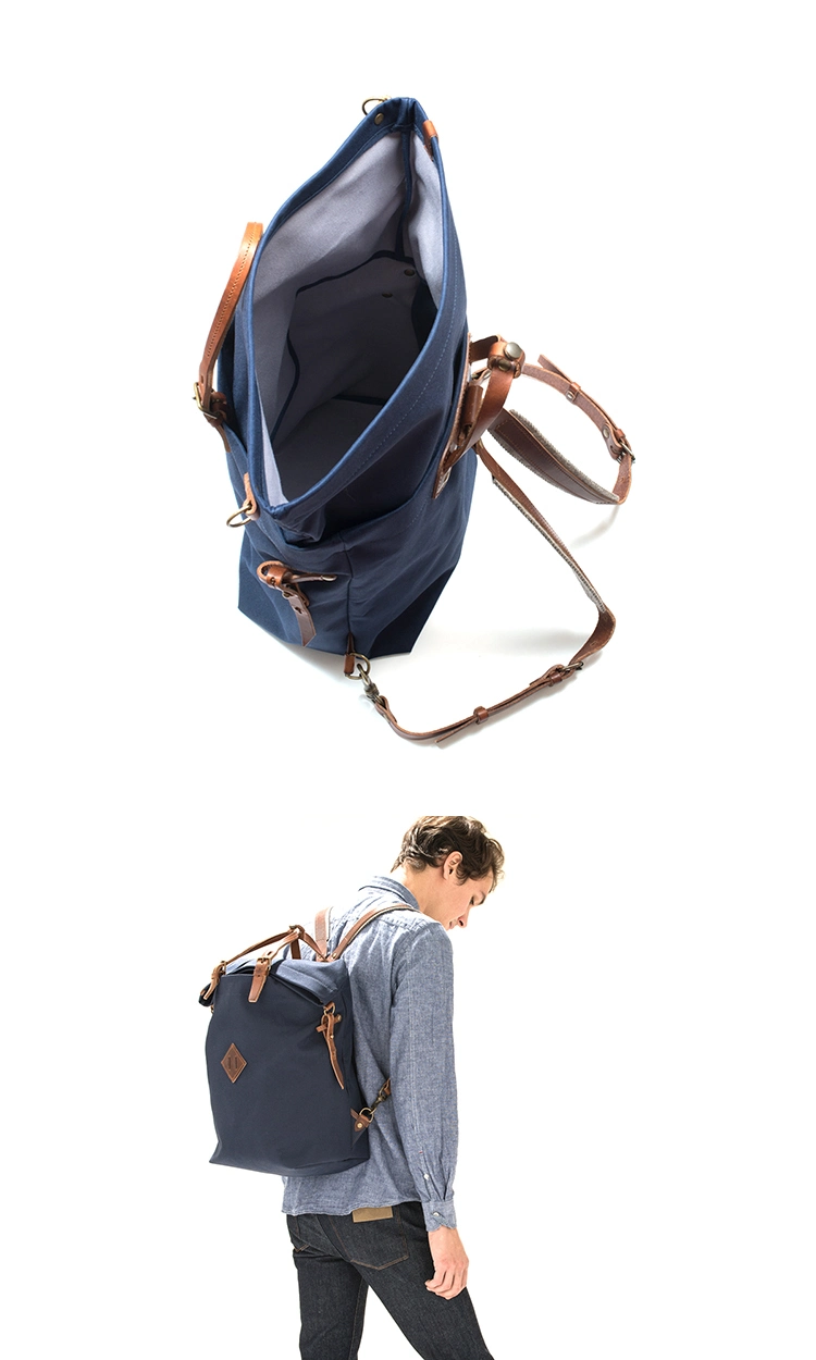 Good Quality Durable Real Leather Navy Blue Canvas Bag Sport Rucksack Backpack for Men