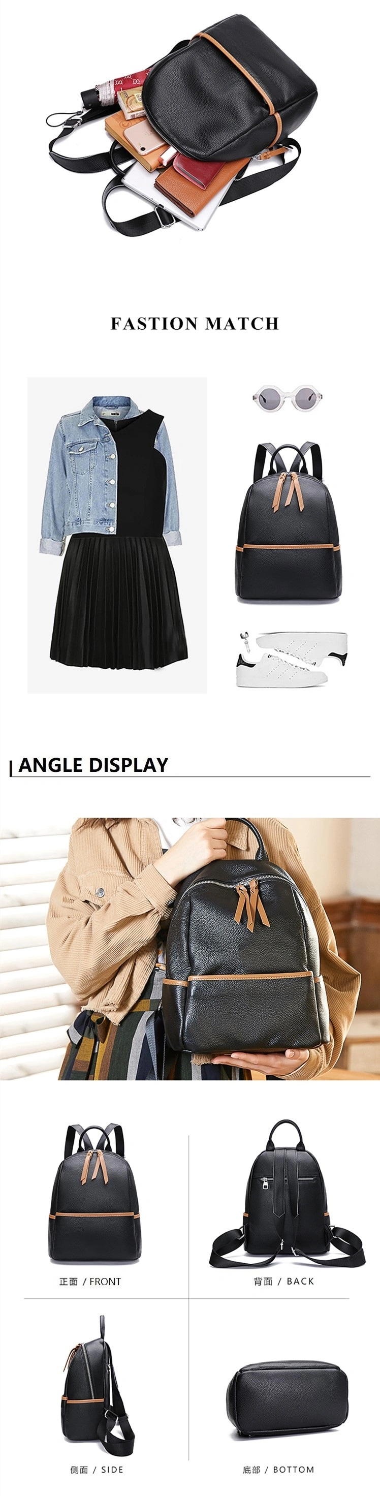 Fashion Black Contrast Color Genuine Leather Ladies Backpack Handbags