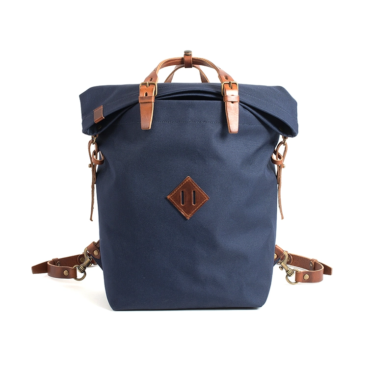 Good Quality Durable Real Leather Navy Blue Canvas Bag Sport Rucksack Backpack for Men