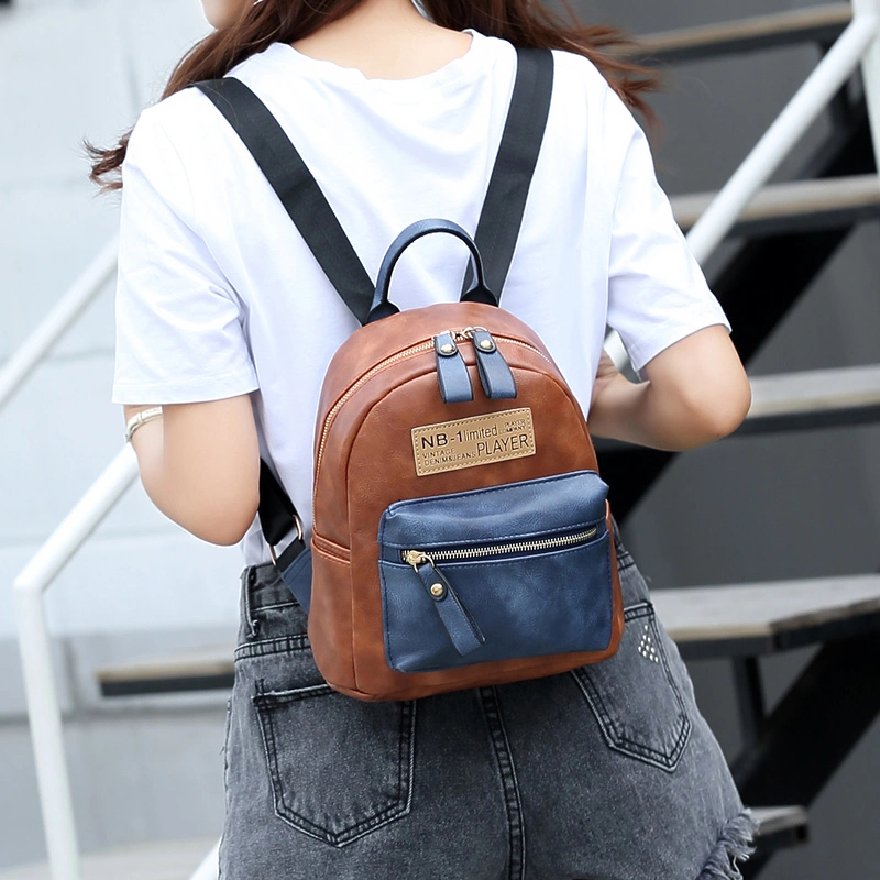 Vintage Contrast PU Leather Ladies Backpack with Front Pockets and Double Zipper
