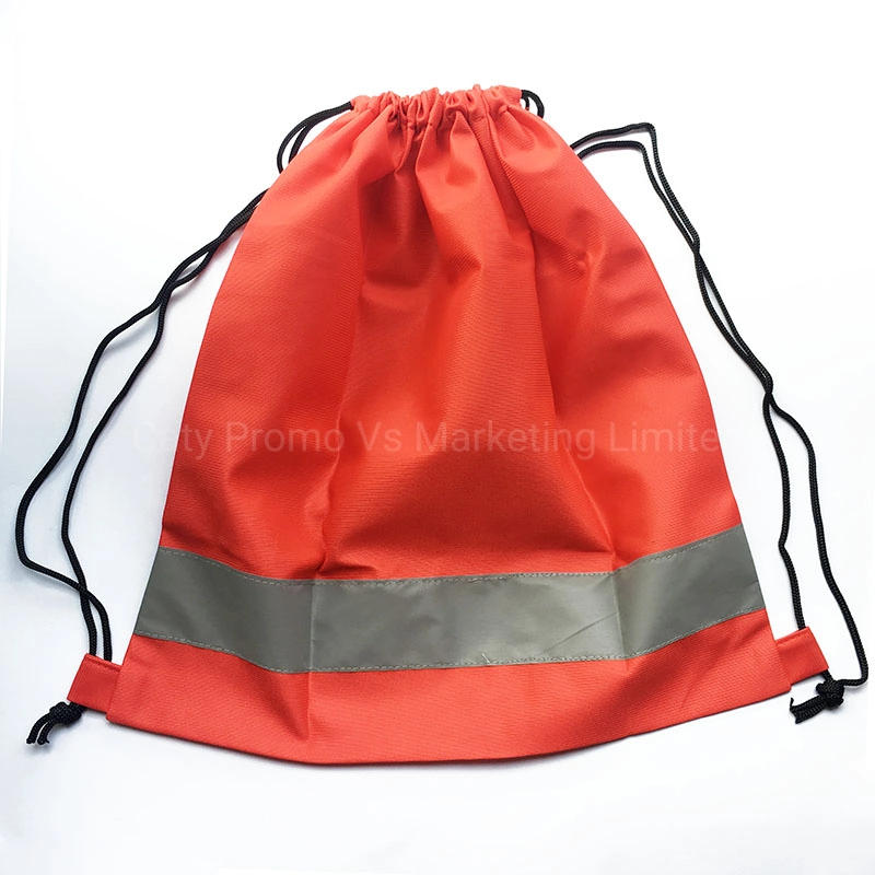 Outdoor Fluorescent Red Polyester Sport Backpack Running Reflective Drawstring Bag