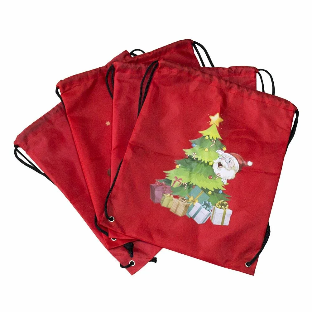 Wholesale Nylon Durable Printing Folding Christmas Drawstring Bag Santa Gifts Sack Backpack