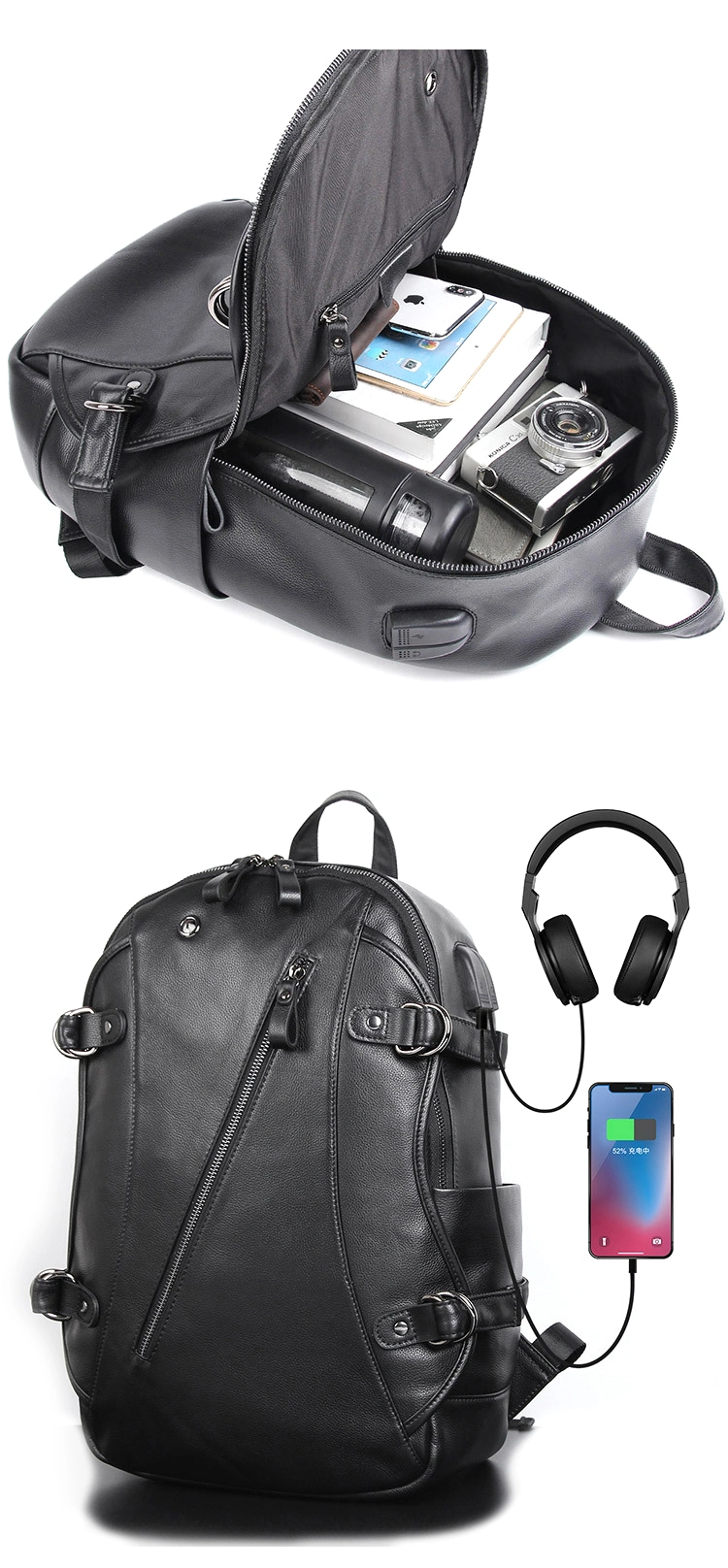 Newest Design Low Price Good Quality Black Real Leather Laptop Backpack with USB Charging Port