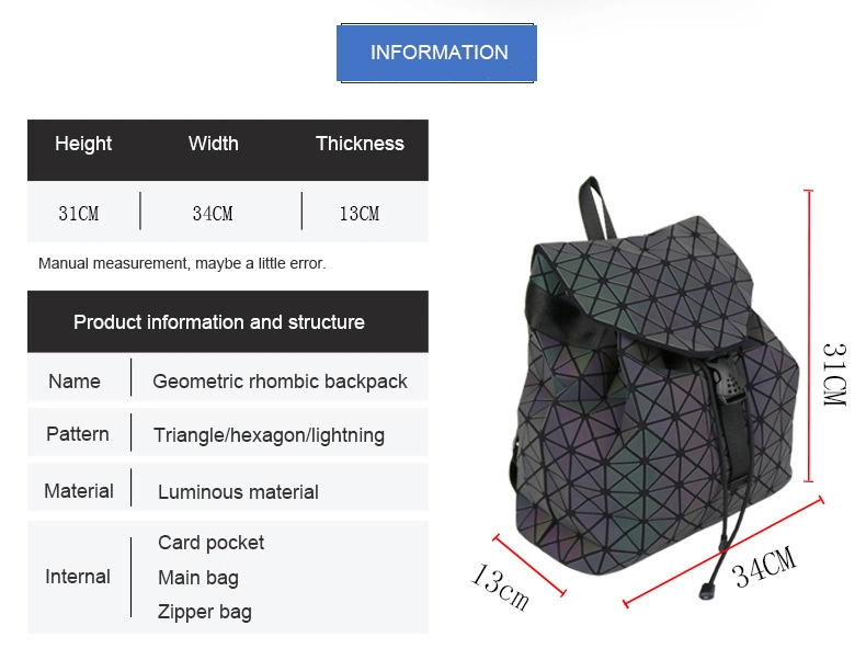 Luminous Women Leather Geometric Backpacks Diamond Lattice Drawstring Backpacks Holographic School Backpack