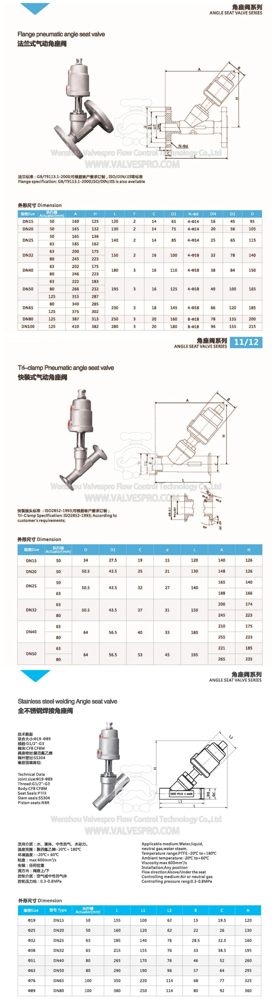 Filling Valve Angle T Type Seat Valve with Plastic Actuator, CF8 Body SS304 or SS316 CF8m DIN Flange Standard