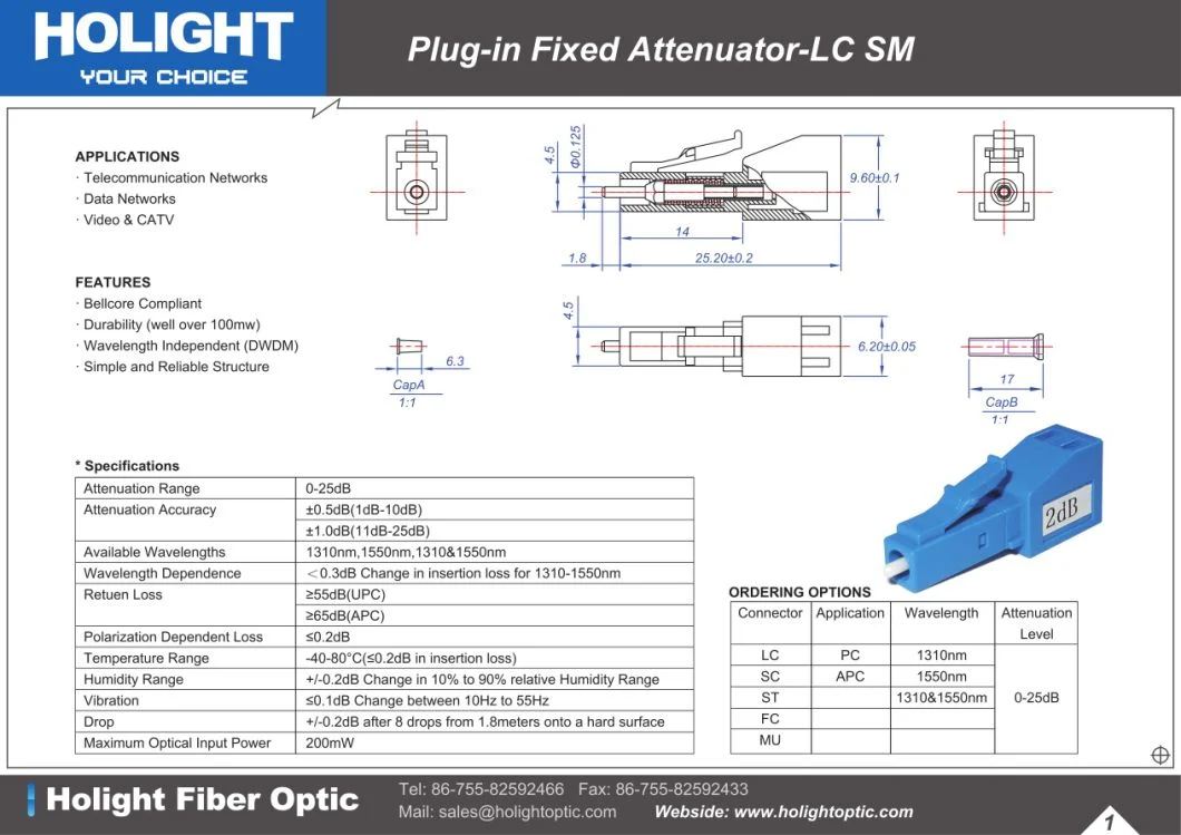 Telecommunication/FTTH Bulkhead/Adapter/Plug-in Type LC/APC Fiber Optic Attenuator