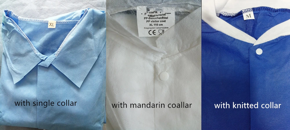 Disposable PP/SMS Lab Coat with Single Collar/Mandarin Collar/Knitted Collar for Clinic