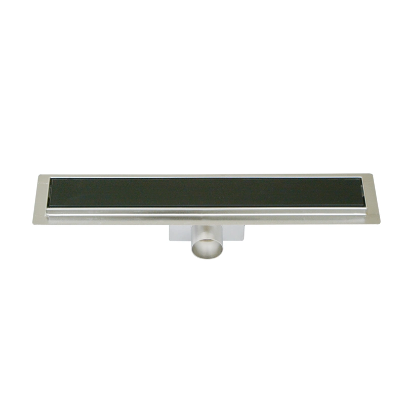 Black Glass Cover Horizontal Outlet Stainless Steel 304 Channel Drain with Flange for Bathroom