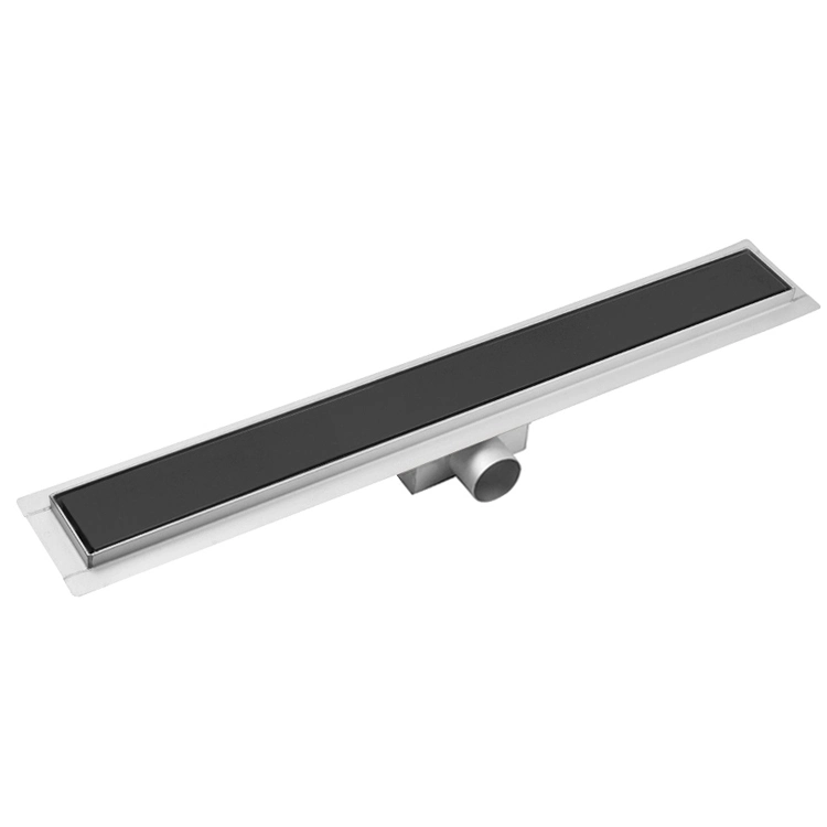 Black Glass Cover Horizontal Outlet Stainless Steel 304 Channel Drain with Flange for Bathroom