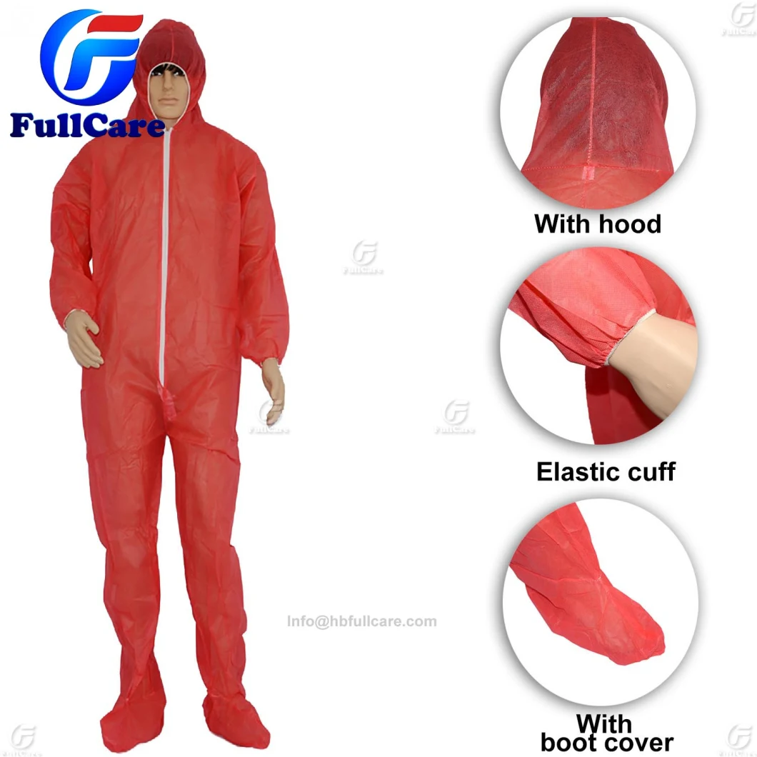 Disposable Non Woven PP/PP+PE/SMS/Microporous Coverall Red with Hood and Boots