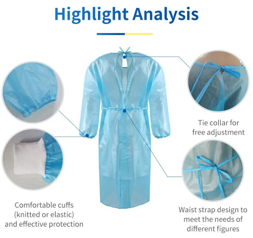 Laboratory Isolation Non Woven Polypropylene Non-Sterilized Disposable PP/SMS/PE+PP Coated Isolation Gown