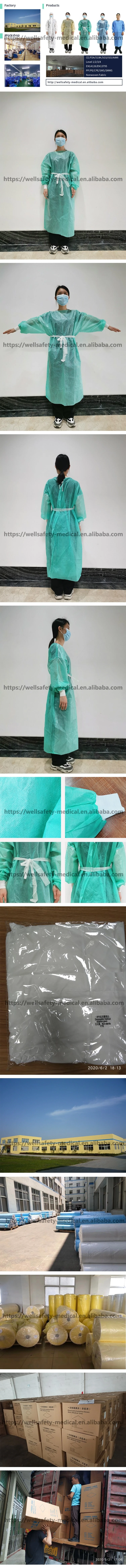 Hot Selling 45gram Disposable SMS/PP/PE/ Nonwoven Waterproof Isolation Gown Safety Xxxl Size Suit FDA Ce ISO Non-Sterile ANSI/AAMI PB70 Level 2 Level 3 Level 4