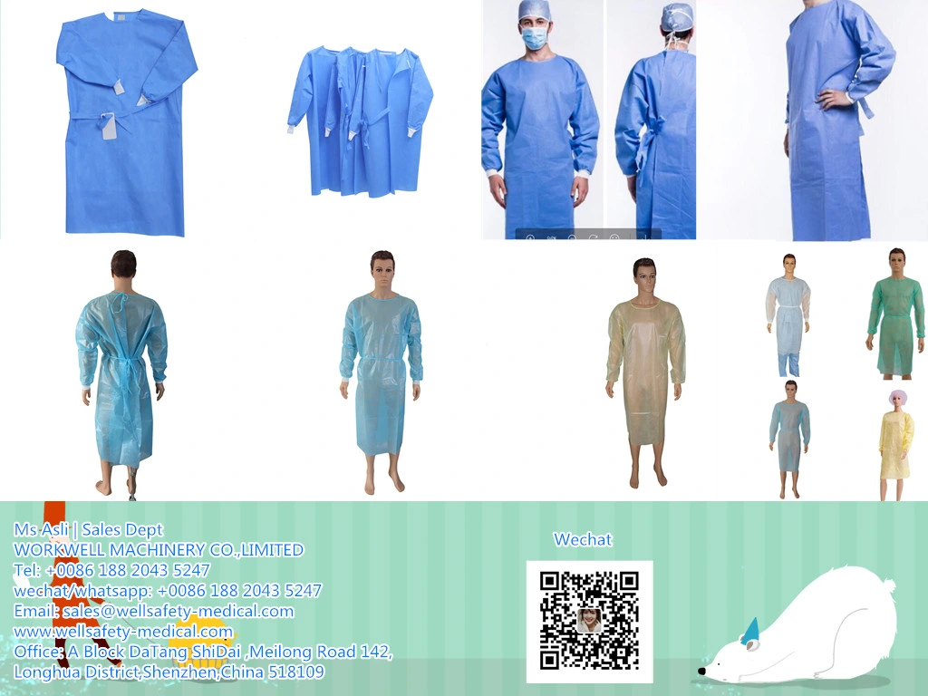 Ce, ISO, FDA Approved Non-Sterile Disposable Nonwoven Waterproof Isolation Gown SMS/PP/PE 30GSM ANSI/AAMI Pb 70 Level 2 Level 3 Apron