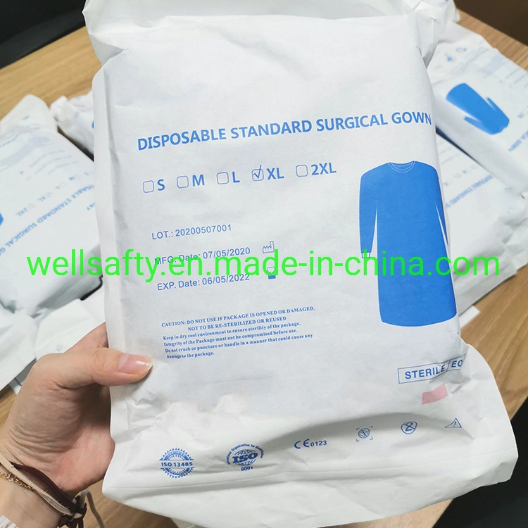 OEM Sell Disposable Nonwoven Waterproof Sterile Gown Xxxl Size Suit SMS/PP/PE 45GSM ANSI/AAMI PB70 Level 3 Level 2 Cass 4 with Ce, FDA Approved