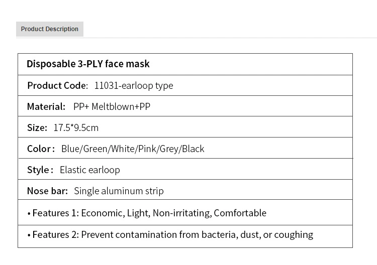 Disposable Earloop 3 Layer Face Mask Nonwoven Polypropylene PP Meltblown