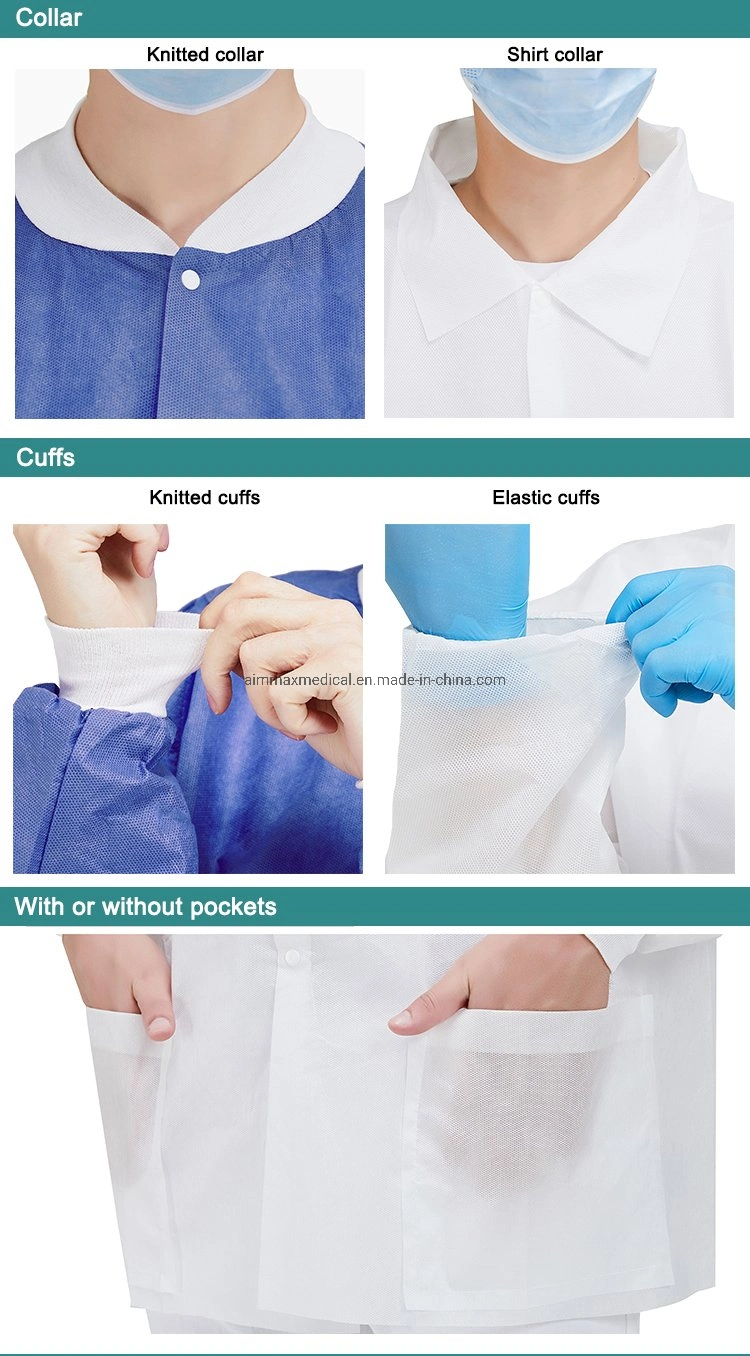 Disposable Customized Size Blue/White Nonwoven PP/SMS/PP+PE Lab Gown Lab Jackets Lab Coat
