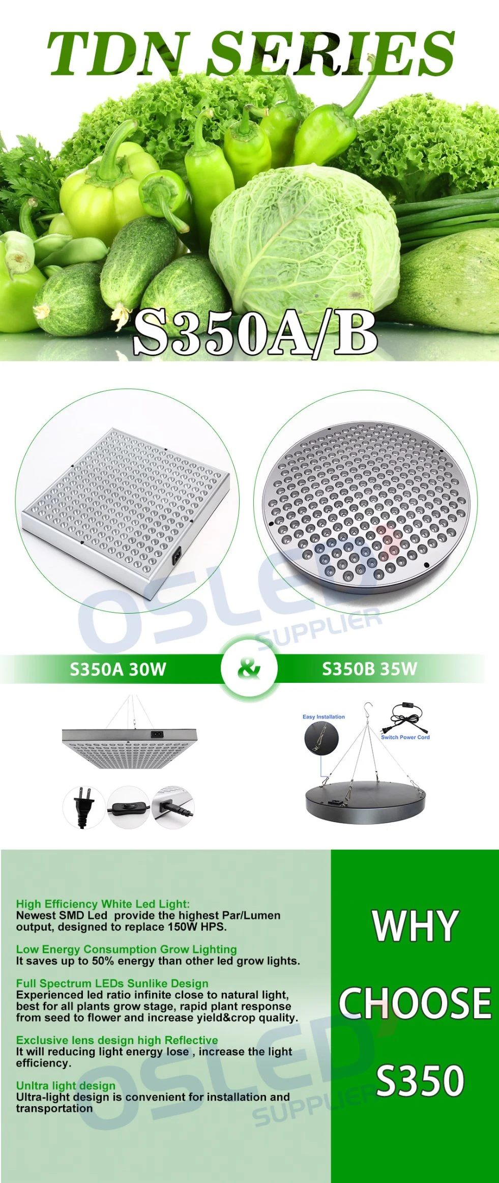 S350 LED Grow Light Full Spectrum Grow Lamp for Hydroponic Indoor Plants Veg and Flower
