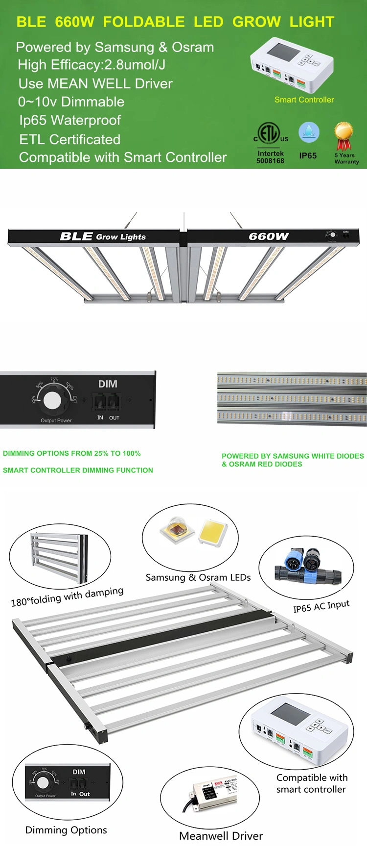 BLE Factory Direct Samsung Chip LED Grow Light 660W Hydroponics Full Spectrum Fluence Commercial Planting Fixture