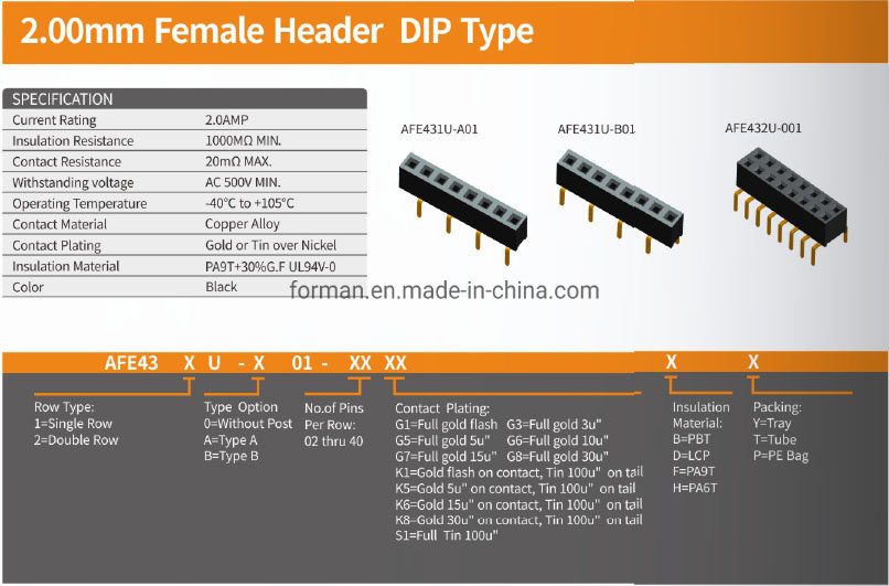 2.00mm Female Header DIP Type 1*4 Pin Single Row Connector