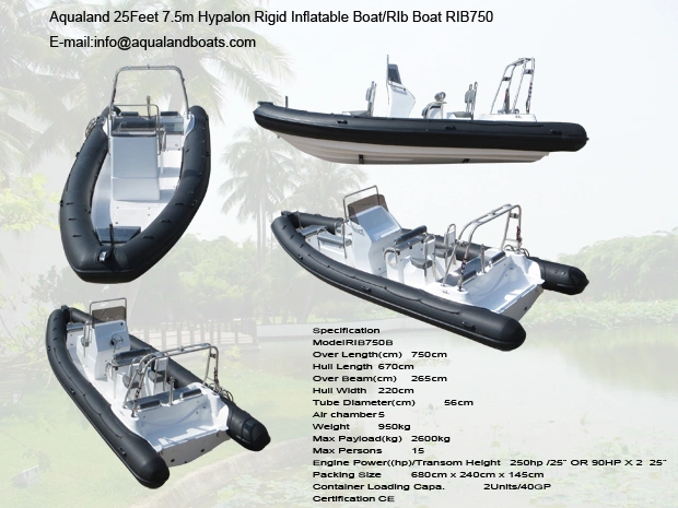 China Aqualand 25feet 7.5m Rigid Inflatable Fishing Boat/Rib Patrol/Rescue/Diving Boat (RIB750B)