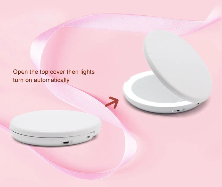 Small Round Mirror Hand Mirror with LED Touch Sensor Cute Gift Mirror