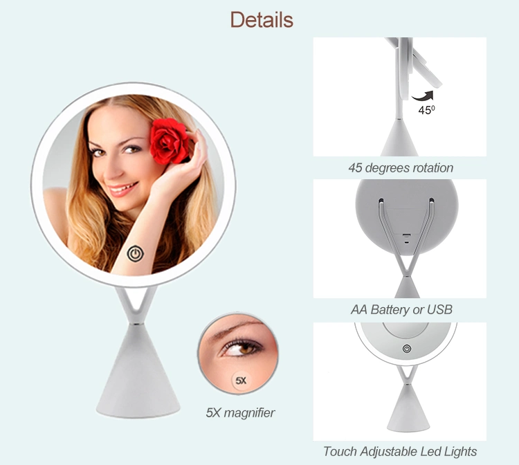 High Definition LED Round Mirror Standing Mirror 5X Magnifying Removable Mirror with Touch Sensor