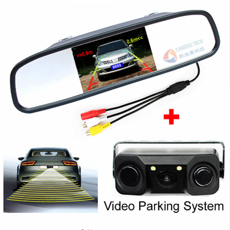 3 In1 Video Parking Sensor Radar with Rear View Camera+4.3inch LCD Rearview Mirror
