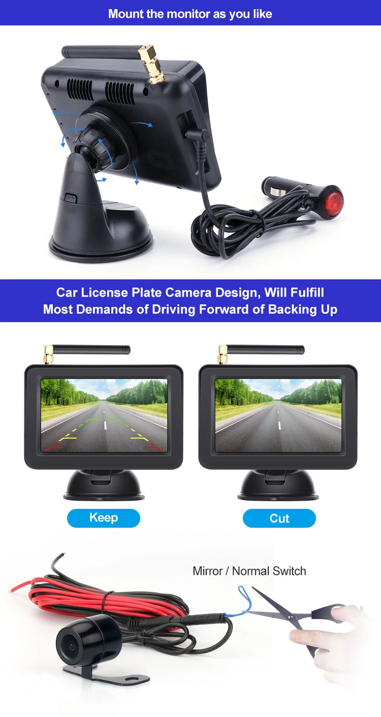 Parking Reversing Vehicle Backup Cameras with 4.3inch Car Monitor Screen Wireless Rear View Camera Kit