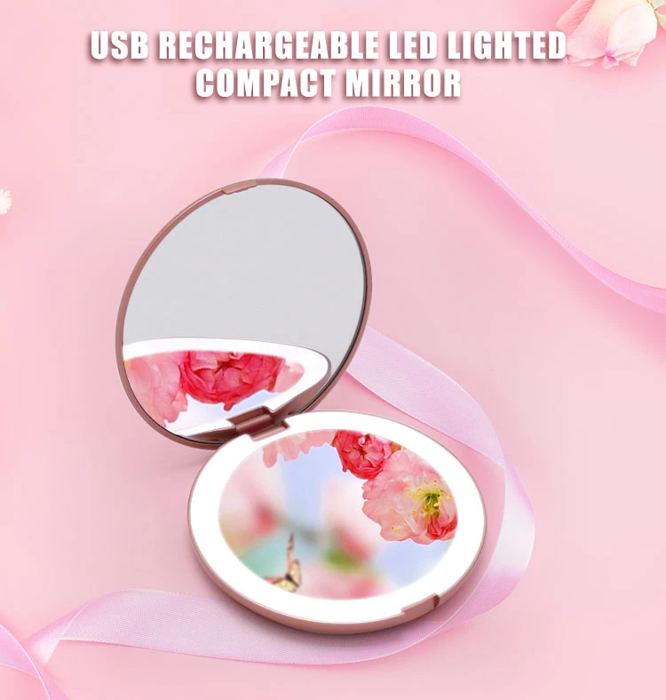 Small Round Mirror Hand Mirror with LED Touch Sensor Cute Gift Mirror