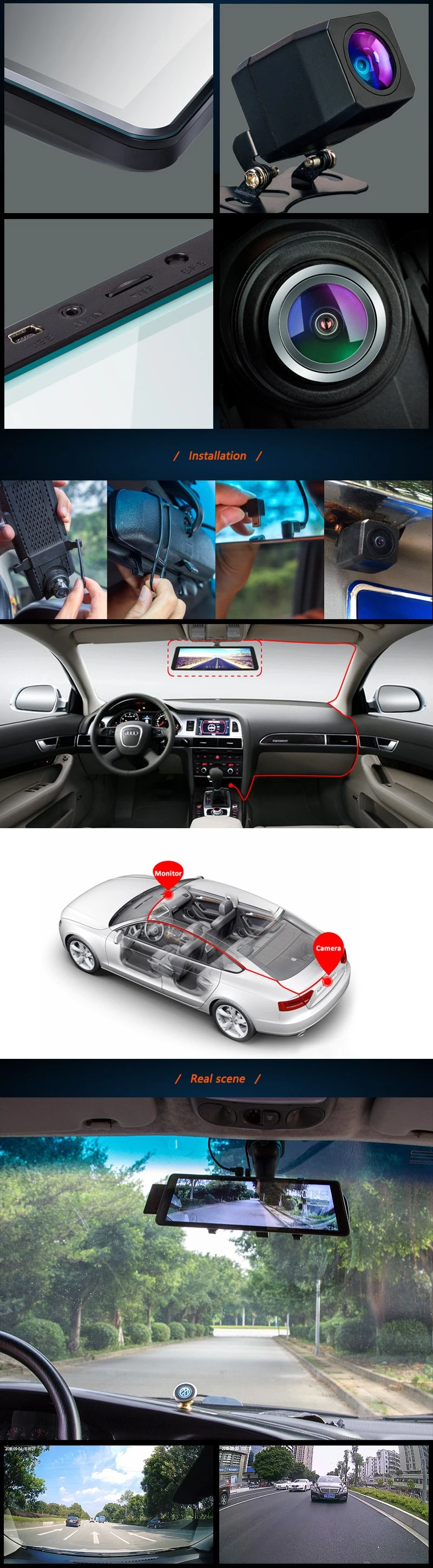 Car Video Mirror Monitor with Dual Lens Recording Mirror 1080P Dash Cam Dashboard Camera for Cars