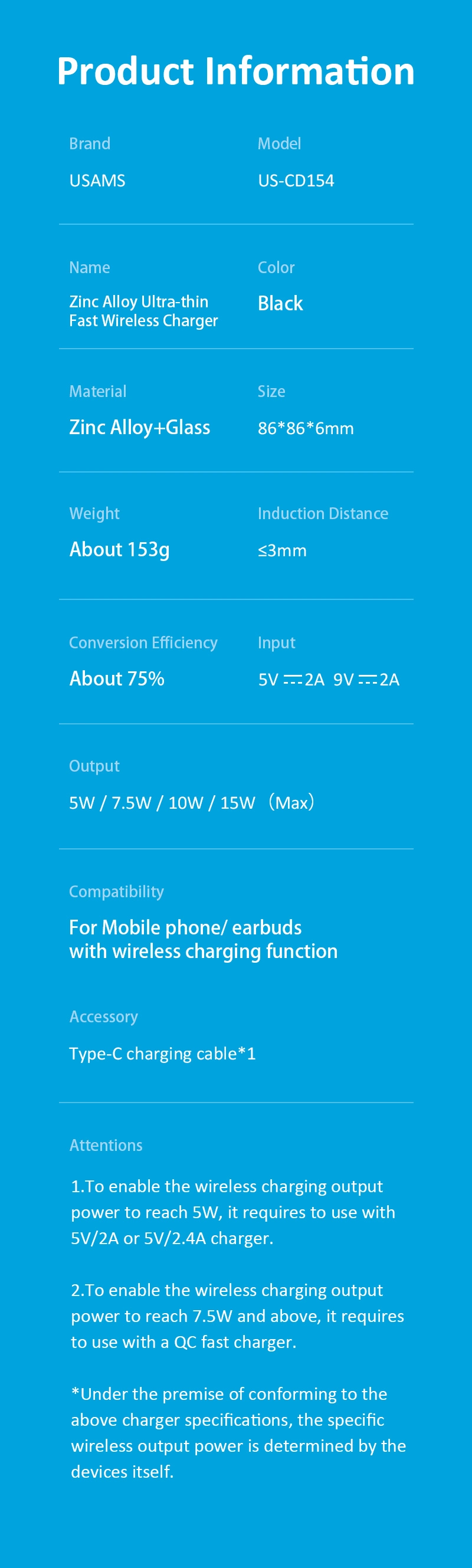 Usams Best Sellers Large Wireless Charger 15W Wireless Smart Charger, 15W Fast Charging Wireless Charger