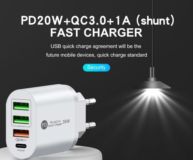 4 USB 36W High Speed Pd Type C Charger +QC3.0 Fast Charger for iPhone 12