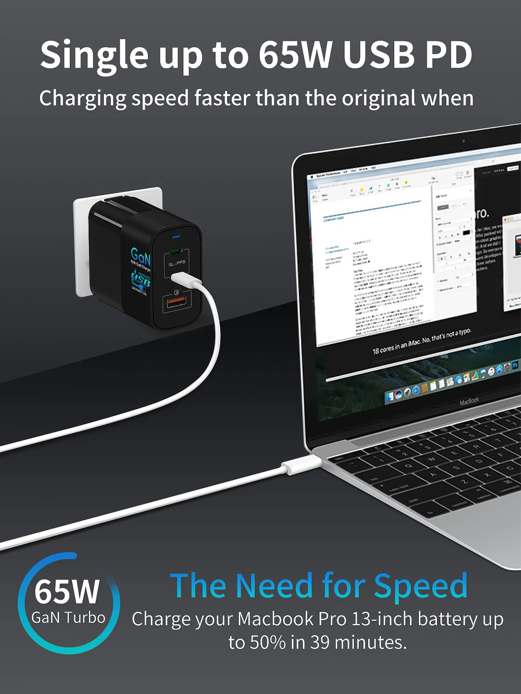 65W Mobile Pd Charger GaN Fast Charger Super Fast Phone Charger for Tablets