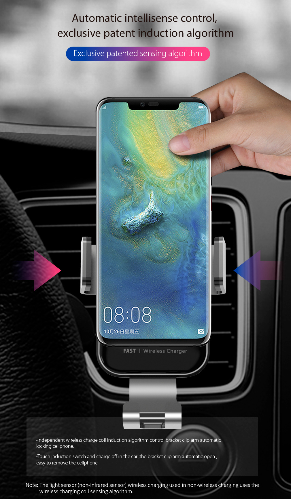 Qi Wireless Car Charging Pad, Fast Charging Charger Auto Clamping Phone Holder, Wireless Charger Car Mount