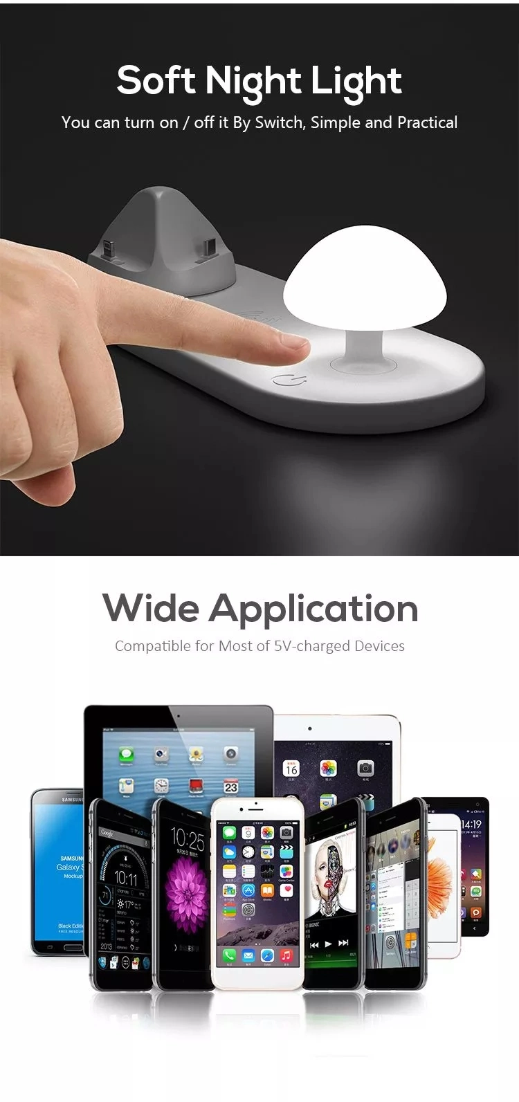 360 Rotating 10W Wireless Charger with Touch-Control Mushroom Night Light