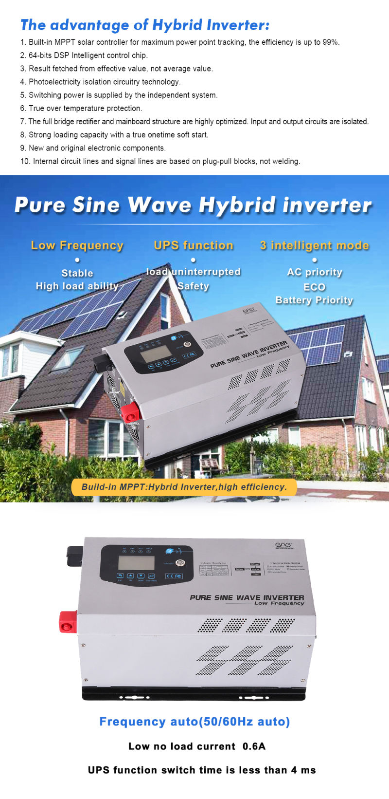 24/48/96V 5000W Solar Hybrid Inverter with 50A MPPT Solar Charger Controller