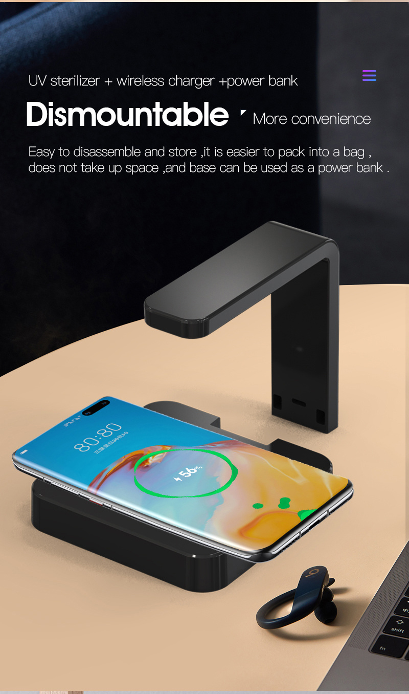 Portable Mobile Phone Wireless Charger UV Germicidal Lamp Magnetic Separator Fast Charging Wireless Charger