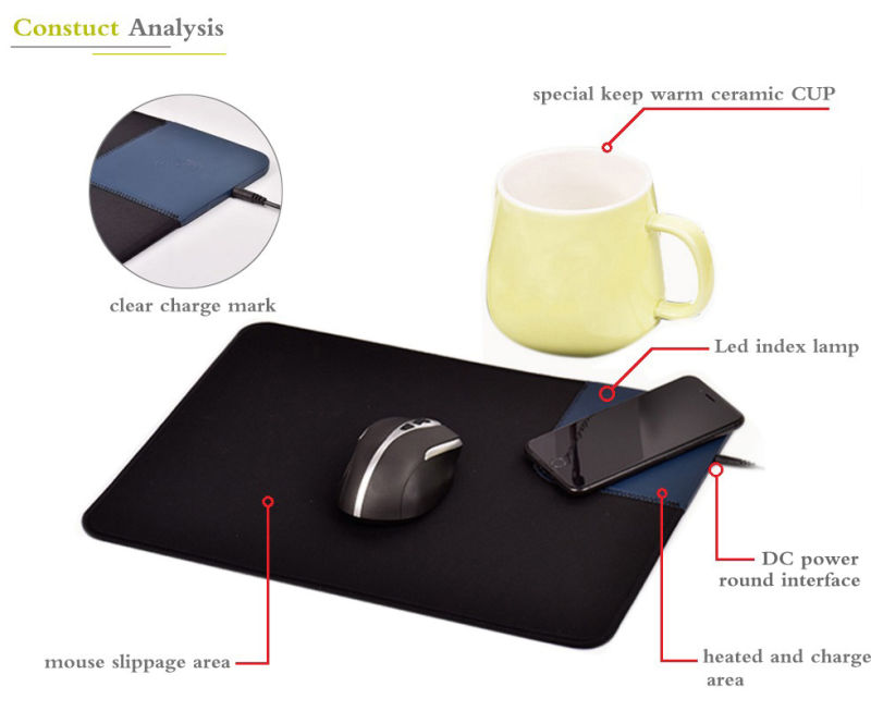 More Functions Mousepad, Mouse Mat, 24W Heated Pad&10W Wireless Charger and Water Cup 3 in 1 PU+Cloth+Special Cup+Adapter