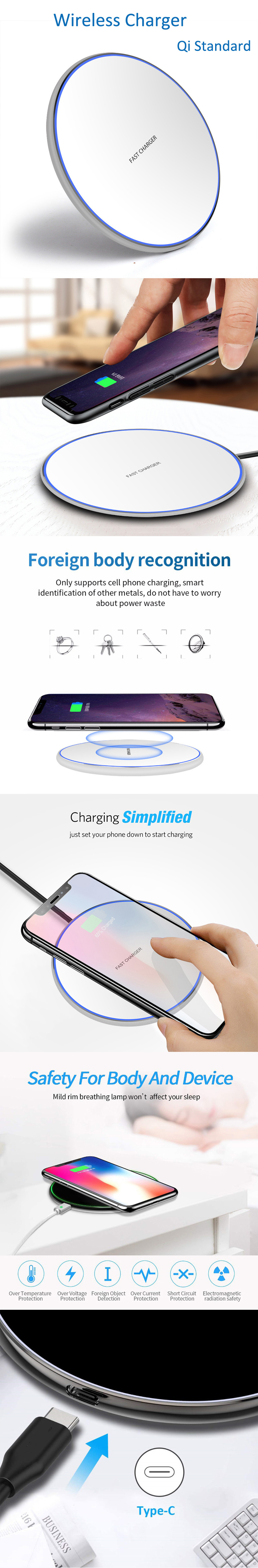 Portable 10W Qi Standard Fast Charging Wireless Charger