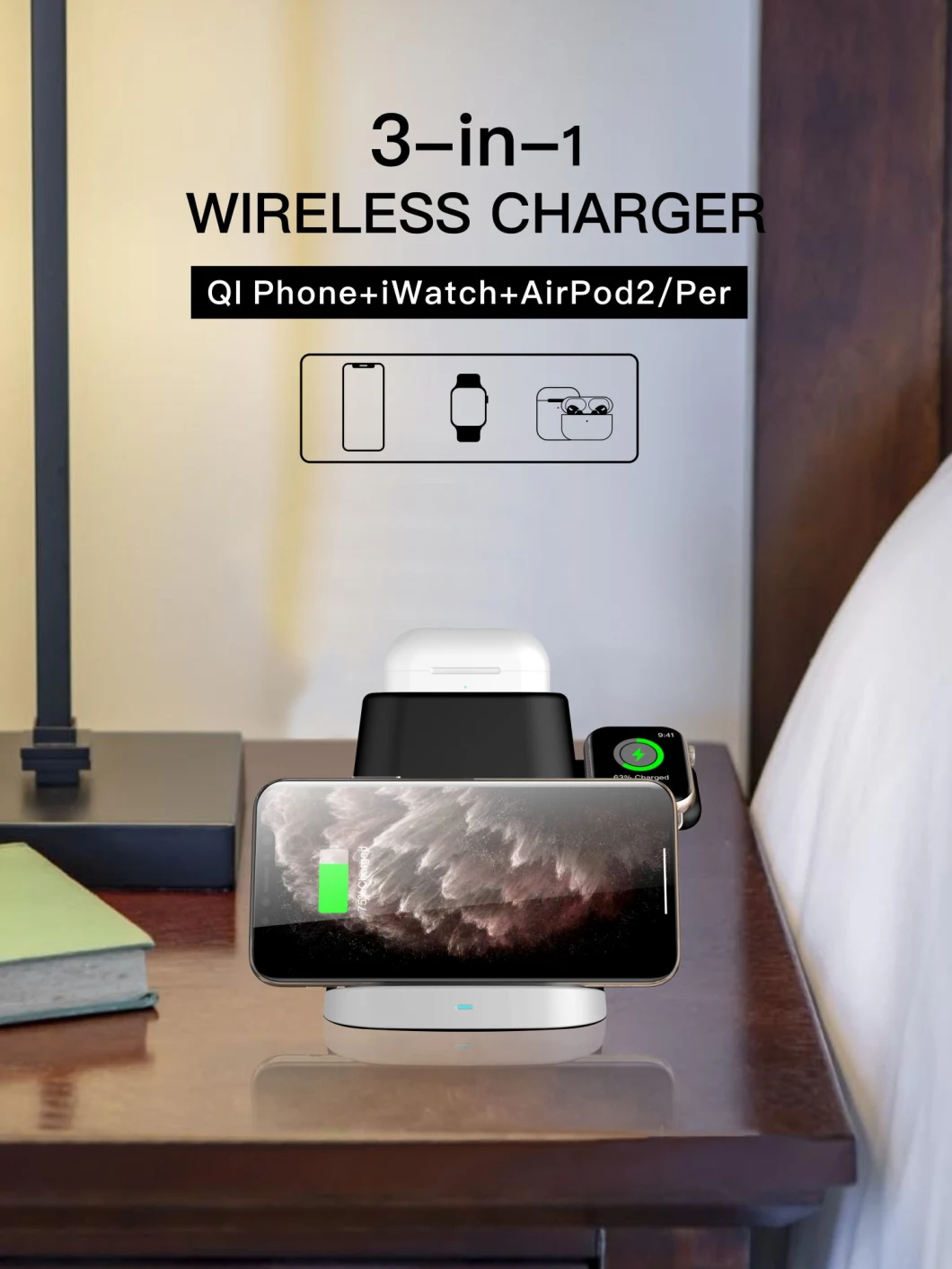 3in 1 20W Pad Wood Fantasy Wireless Charger Power Bank