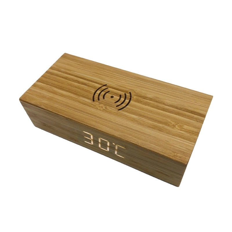 Hot Sell Bamboo Wireless Charger Pad with Time Alarm Date Temperature Function