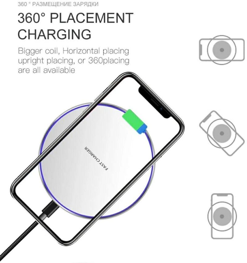 Wireless Charger Qi-Certified Ultra Slim 10W Wireless Charging Pad, Fast Charger, for iPhone, Samsung Galaxy, Note Google Pixel, Silver White (Round edge)