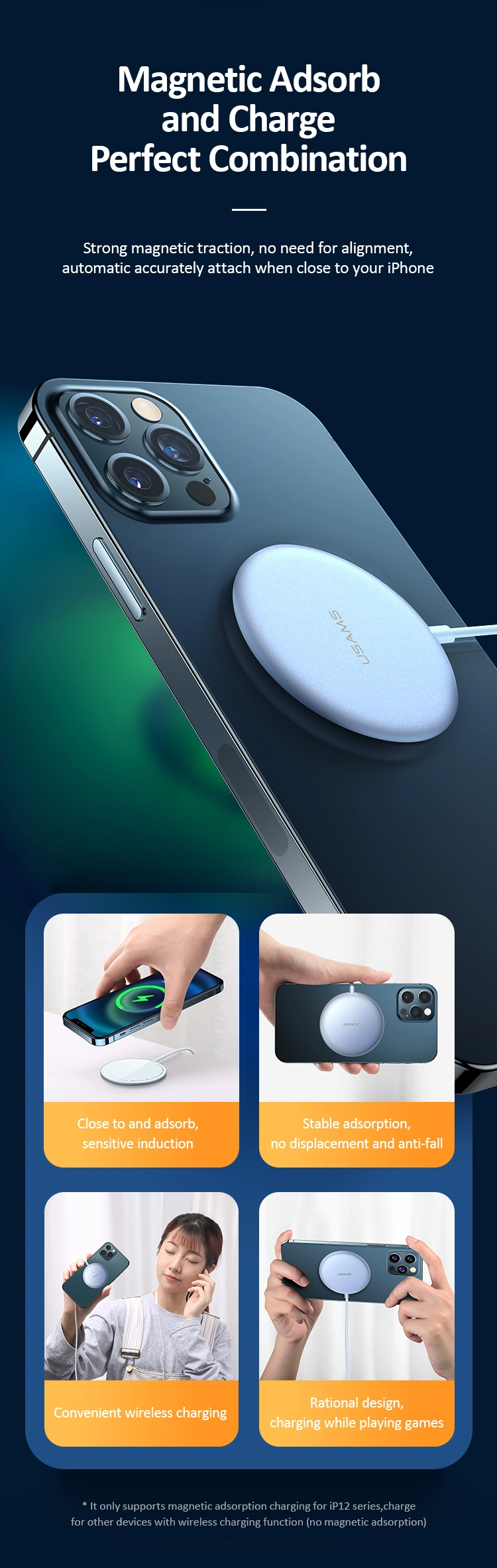 Usams New Arrival Amulminum Magnetic Wireless Charger for 15W Wireless Charger Portable Wireless Charger