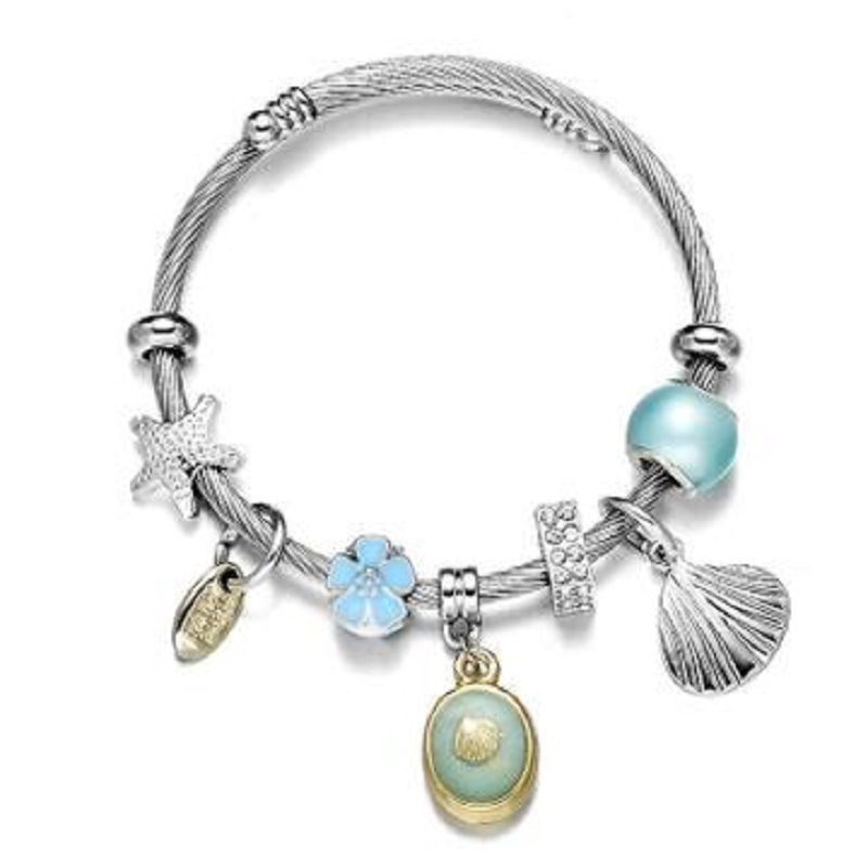 Sea Shell Charm Wrap Silver Bangle Bracelet - Fashion Jewelry Stainless Steel Bracelet for Women Esg13422