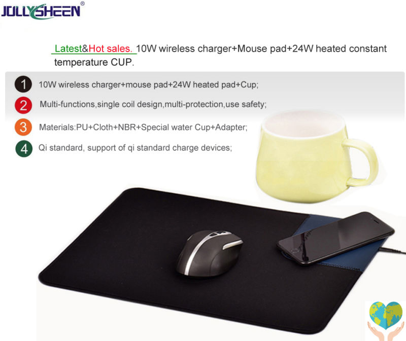 More Functions Mousepad, Mouse Mat, 24W Heated Pad&10W Wireless Charger and Water Cup 3 in 1 PU+Cloth+Special Cup+Adapter