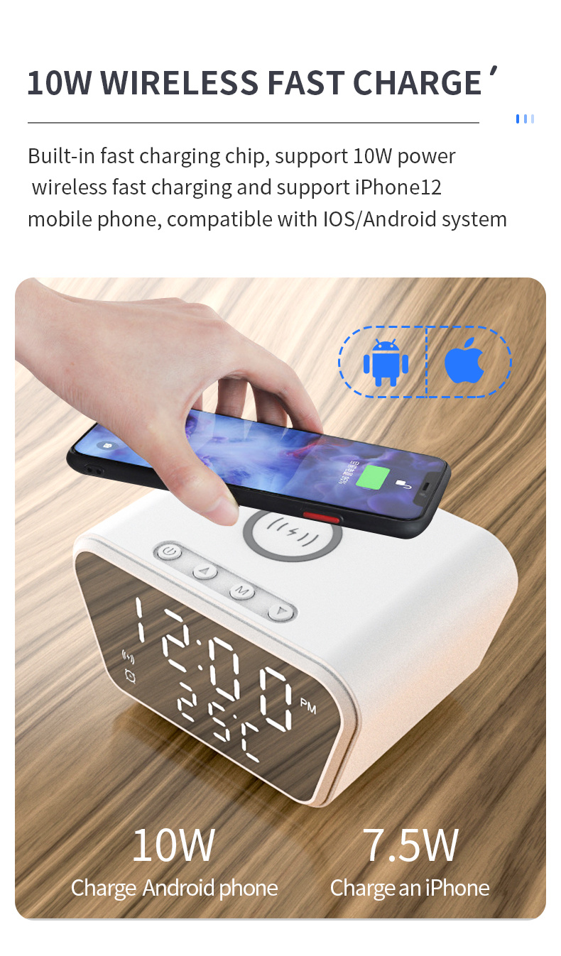 2021 10W Fast Charging Alarm Clock Wireless Charger with Thermometer