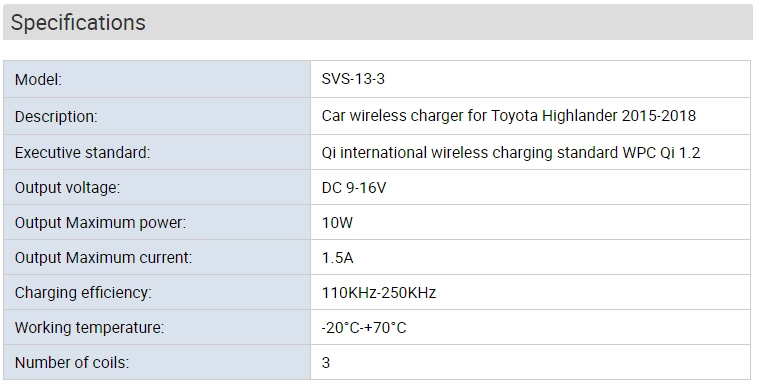 China Factory Qi Fast Wireless Charger OE-Fit in Car Charger for Toyota Highlander 2015-2018 2017-2018 10W in Car Fast Chargers