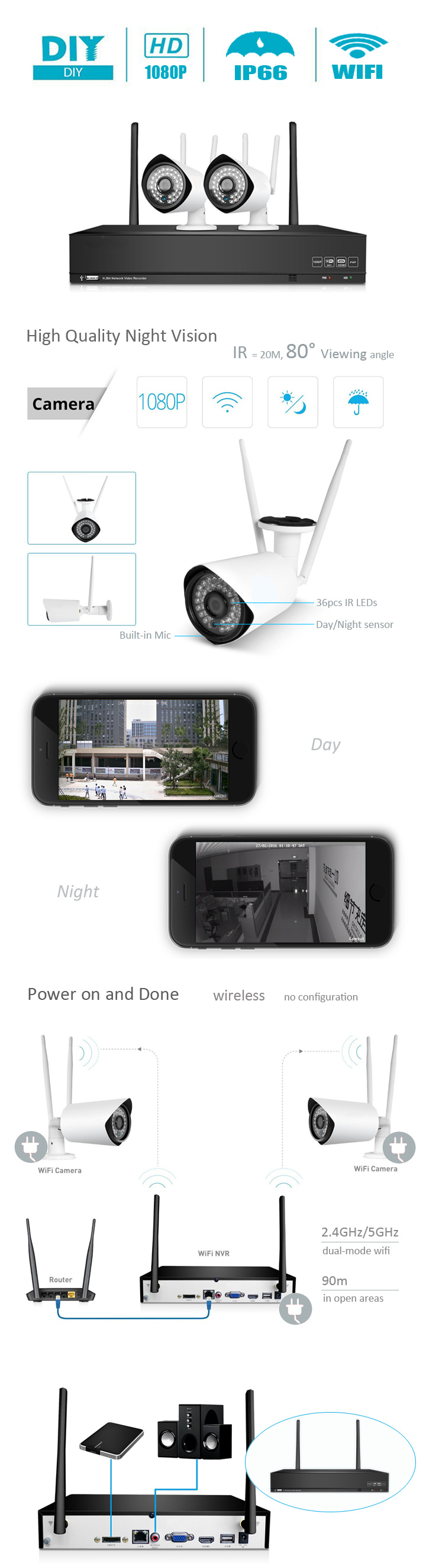 4CH 2MP Wireless Waterproof Home Video Security Camera System