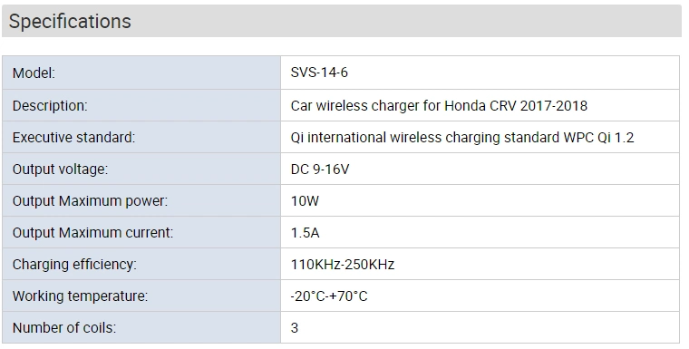 China Factory Qi Fast Wireless Charger OE-Fit in Car Charger for Honda CRV 2017-2018 10W in Car Fast Chargers